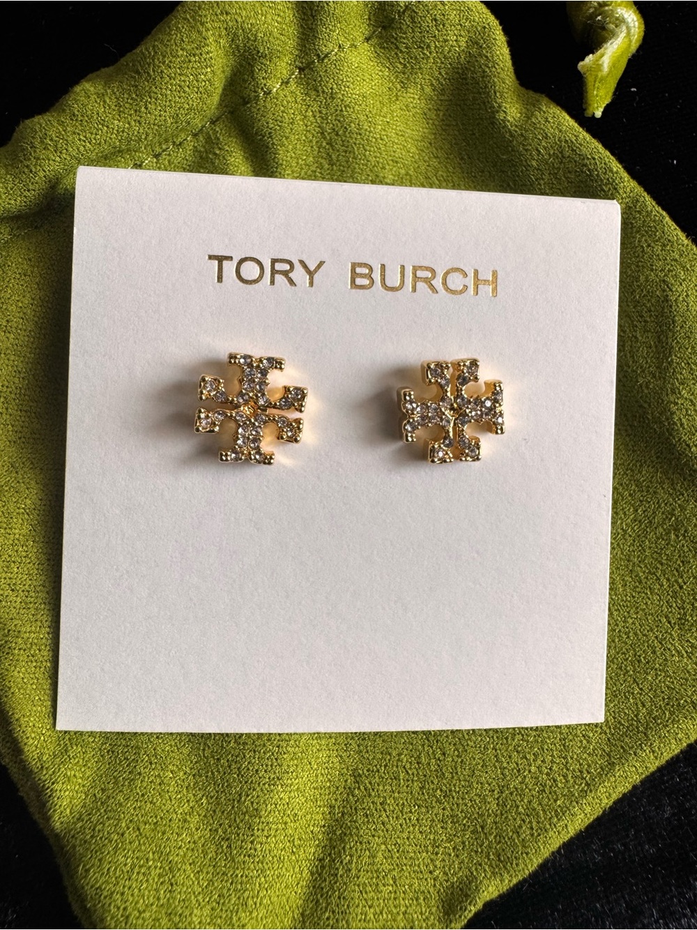 Tory Burch Gold Logo Crystal Stud Earrings
